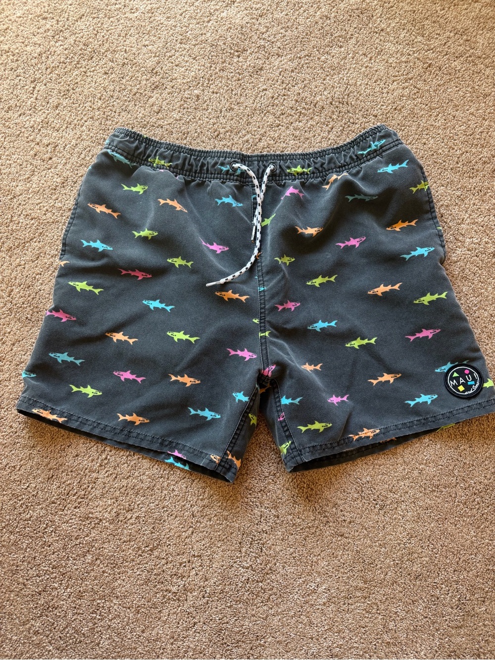 Maui and Sons Gray Swim Shorts with Pink Shark Accents